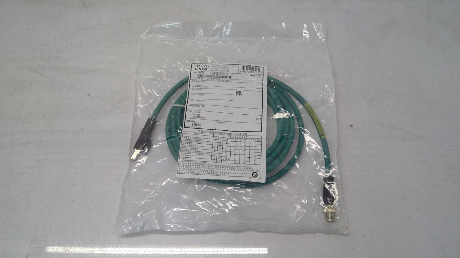 Cisco CAB-RJ45-M12-10 Ethernet Cable 10Ft