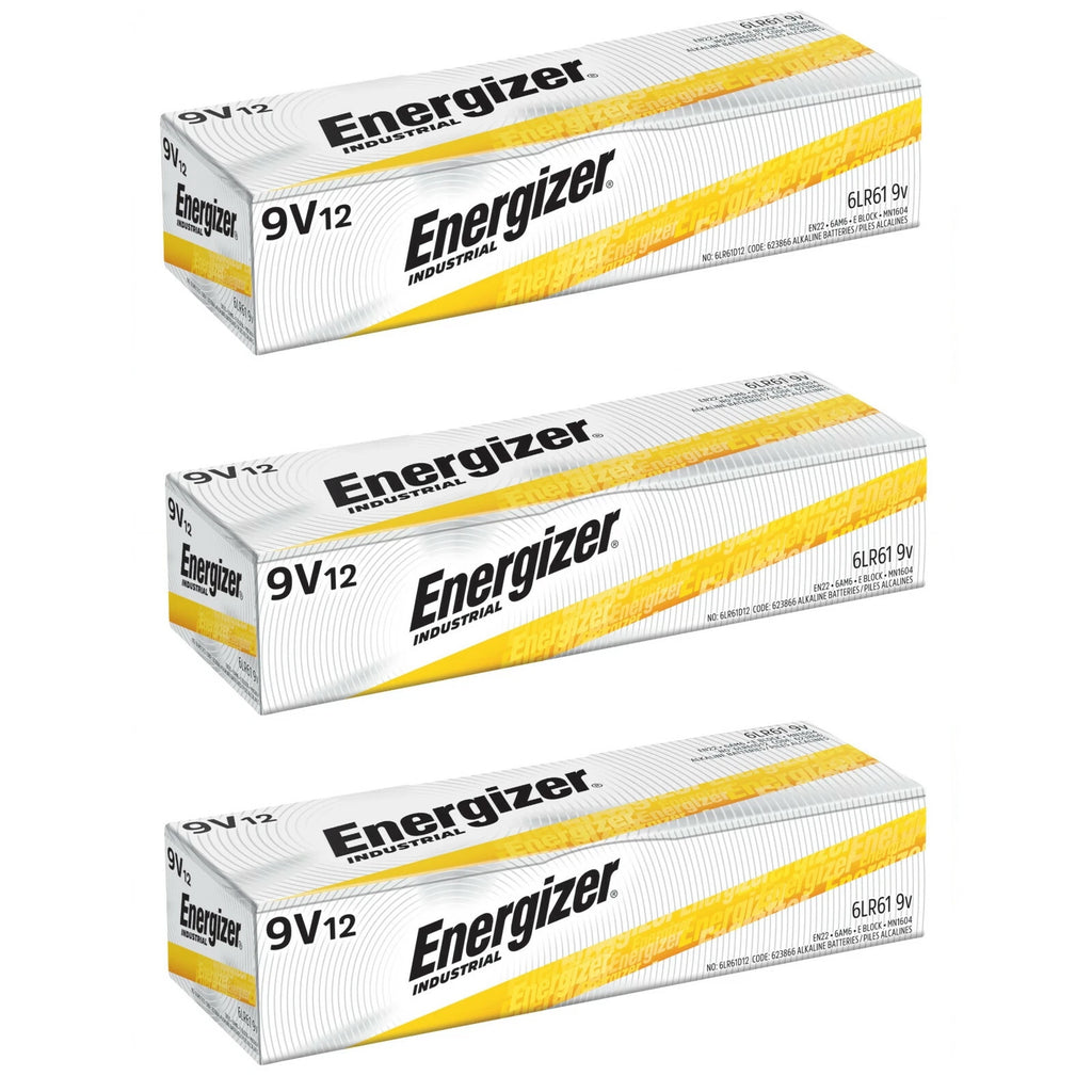 36 Energizer Industrial 9 Volt (9V) Alkaline Batteries (EN22, 6LF22, 6AM6)