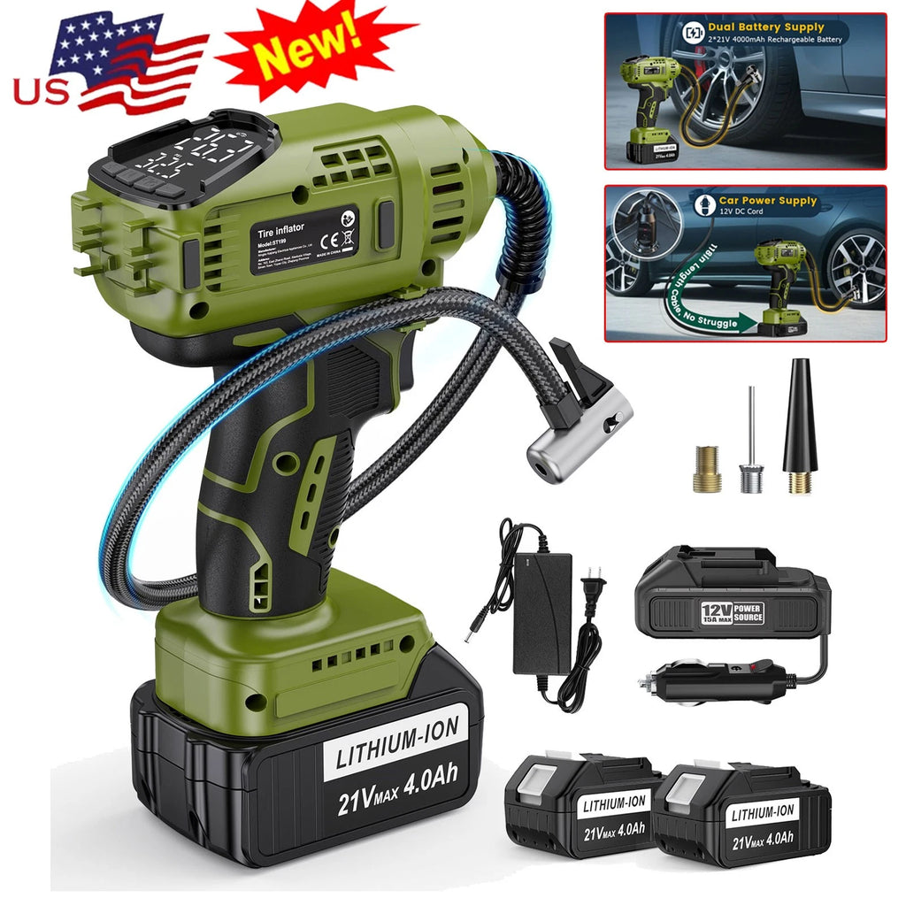 Tire Inflator Air Compressor Cordless Car Tire Pump w/21V Rechargeable Battery