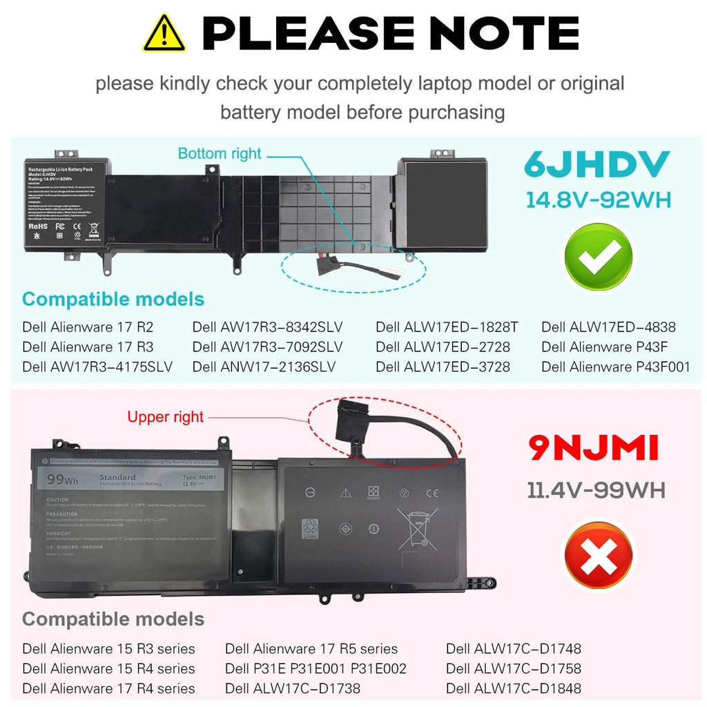 For Dell Alienware 17 R2 R3 14.8V 92Wh 8 Cell Laptop Battery 6JHDV FAST