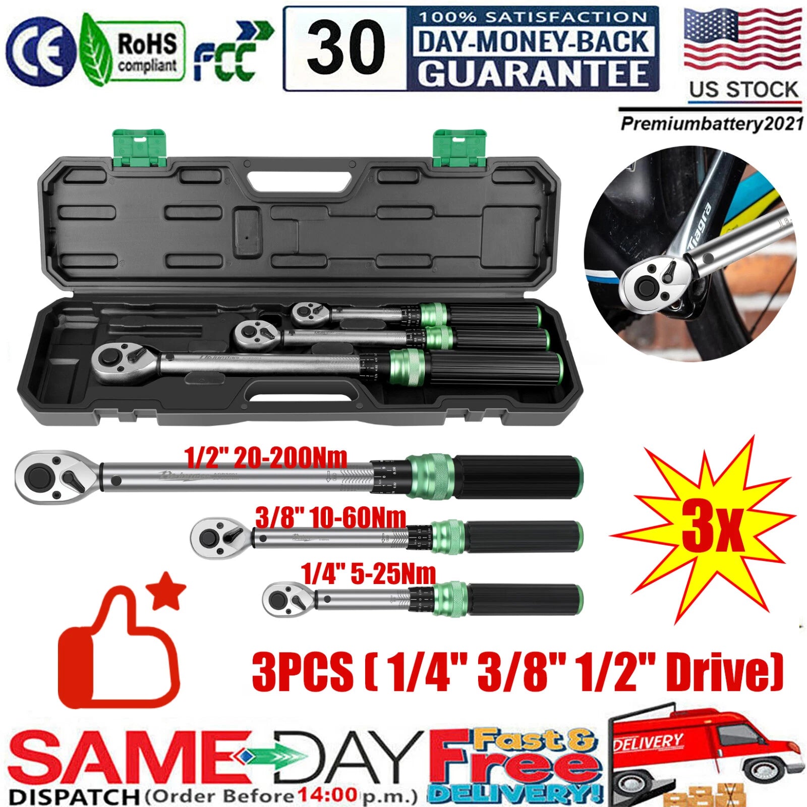 ?Set of 3- 1/4" 3/8" 1/2" Drive Click Type Torque Wrench Snap Socket Reversible