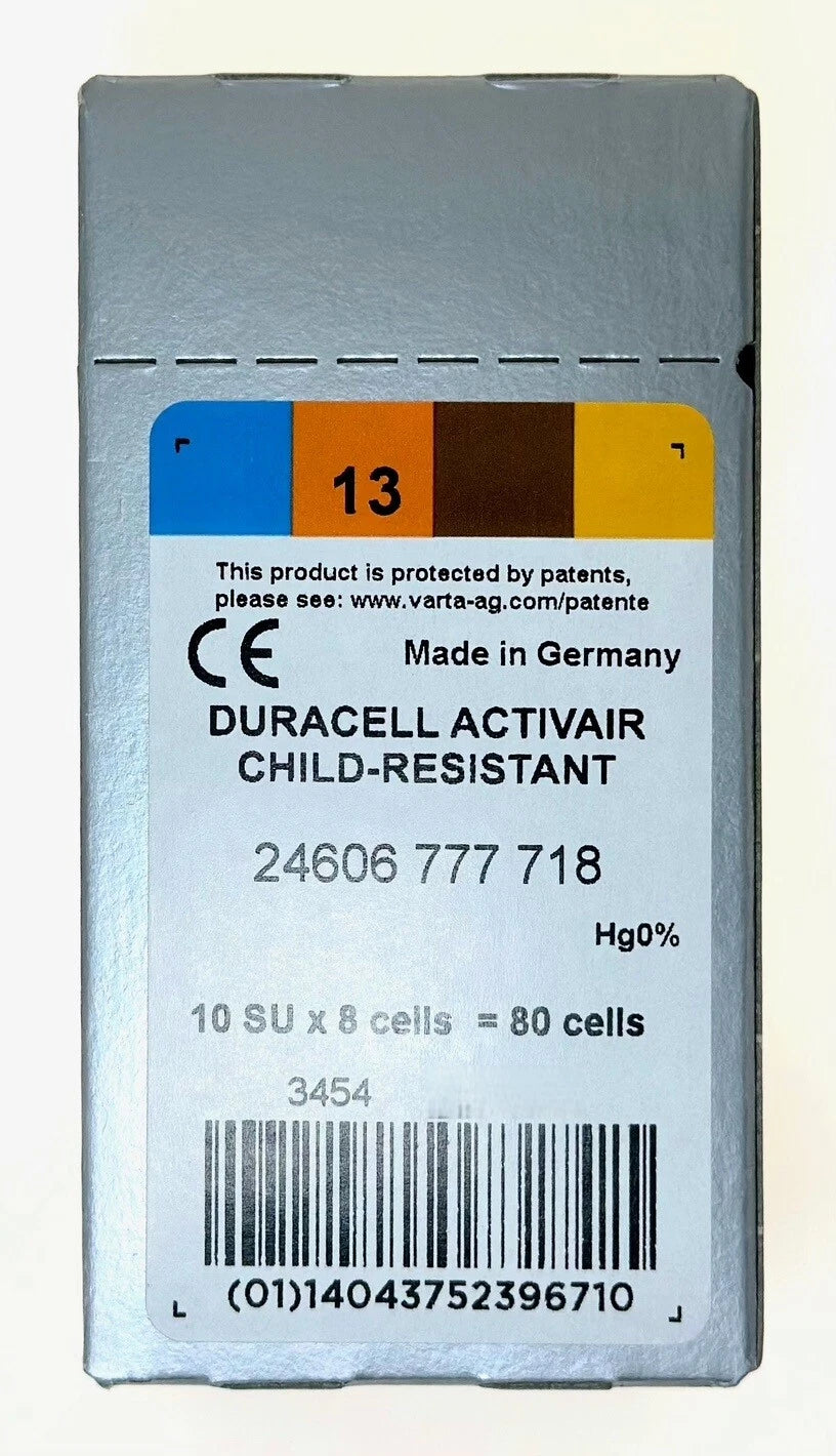 Duracell Activair Mercury Free Hearing Aid Batteries Size 13 (40-160). Exp-2029