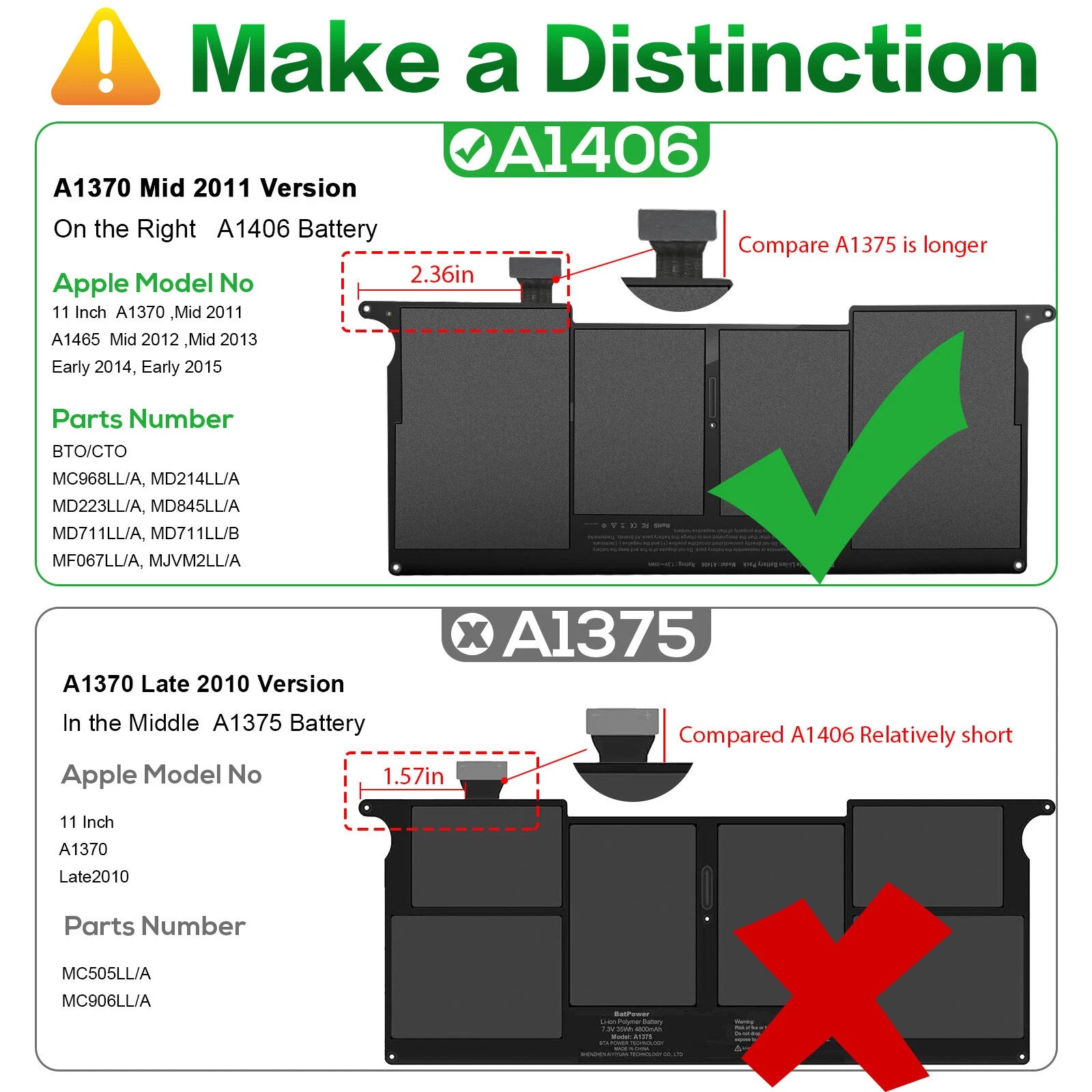 A1370 A1465 for MacBook Air 11" Mid 2011 to 2015 Battery 4800mAh A1406 A1495