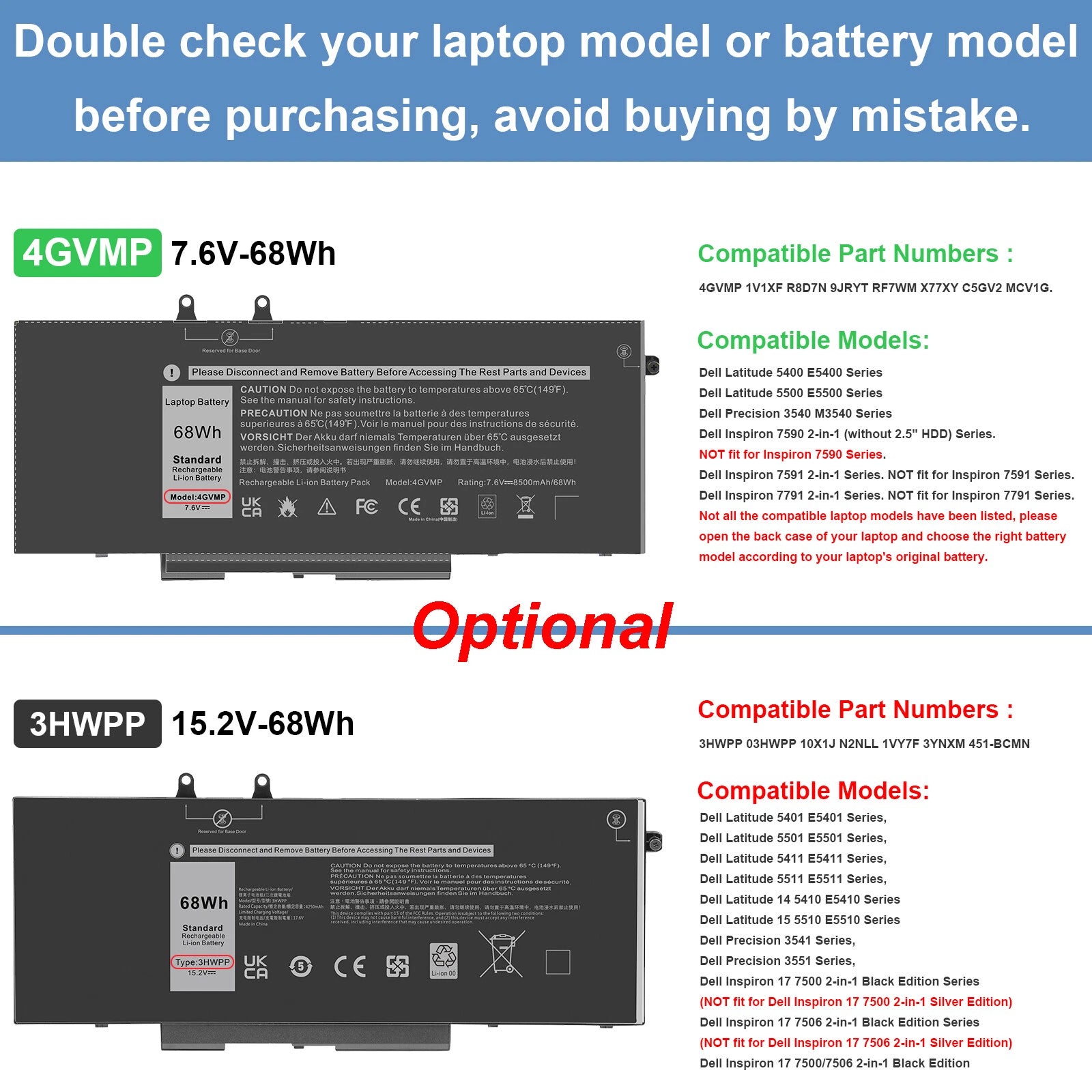 4GVMP 3HWPP Battery For Dell Latitude 5400 E5400 E5500 5401 5410 5510 E5510 NEW