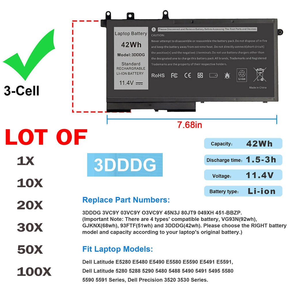 ??LOT OF Battery 3DDDG For Dell Precision M3520 M3530 Latitude E5480 E5490 93FTF