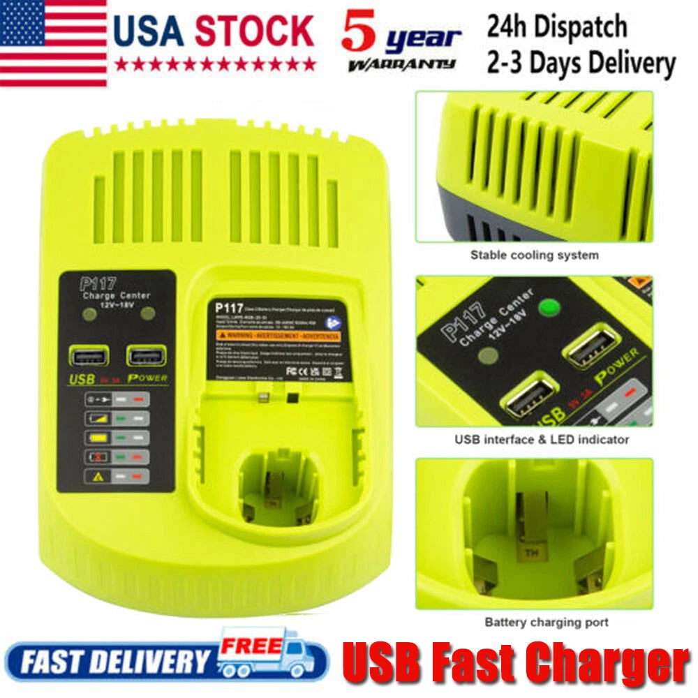 USB Fast Charger For RYOBI P108 P117 18Volt Lithium-Ion Battery 18V US