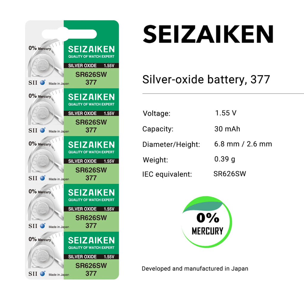 Seizaiken 377 SR626SW 1.55V 0%Hg Silver Oxide Watch Battery