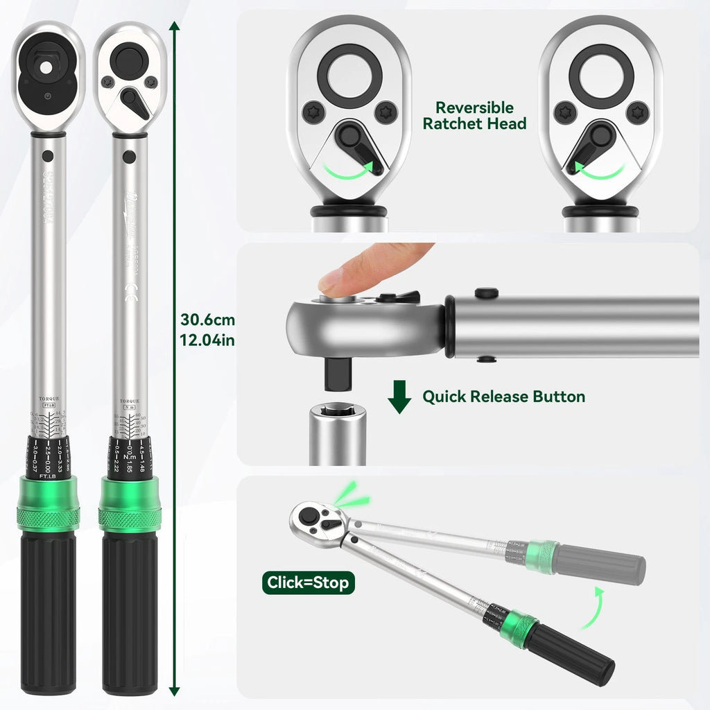 ?3/8" Drive Torque Wrench 3.69-44.3 ft.lb/5-60n.m w/ 1/2'' & 1/4'' Adapter NEW