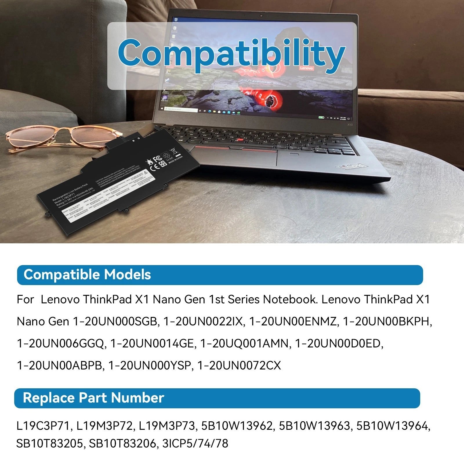 L19C3P71 L19M3P72 L19M3P73 Laptop Battery for Lenovo ThinkPad X1 Nano Gen 1st