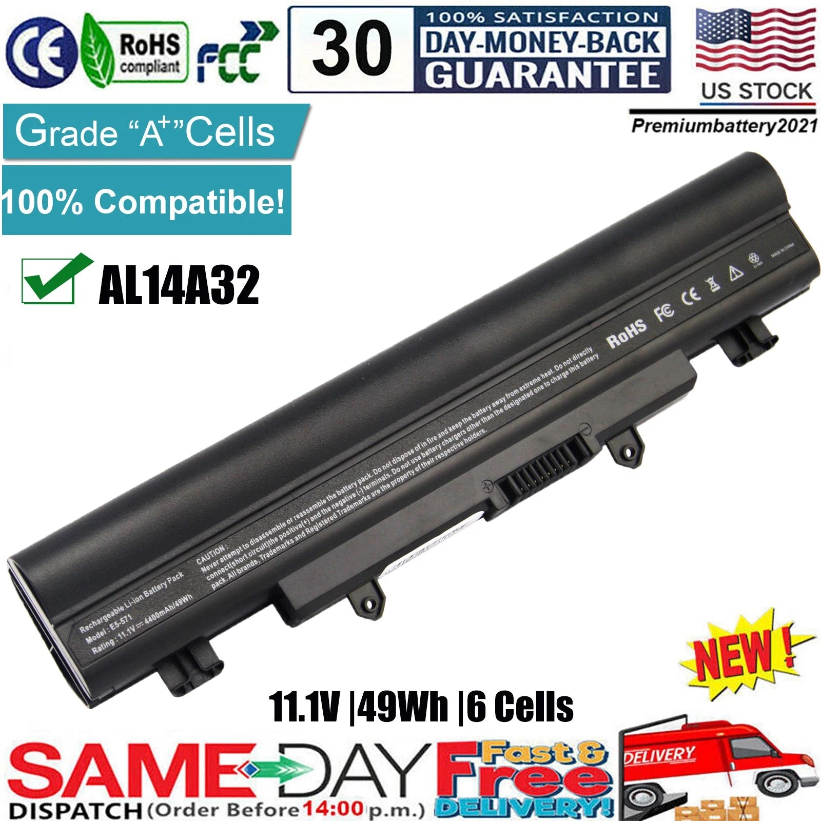 ?AL14A32 49Wh Battery for Acer Aspire E5-411 E5-421 E5-471 E5-521 E5-571 V3-571G