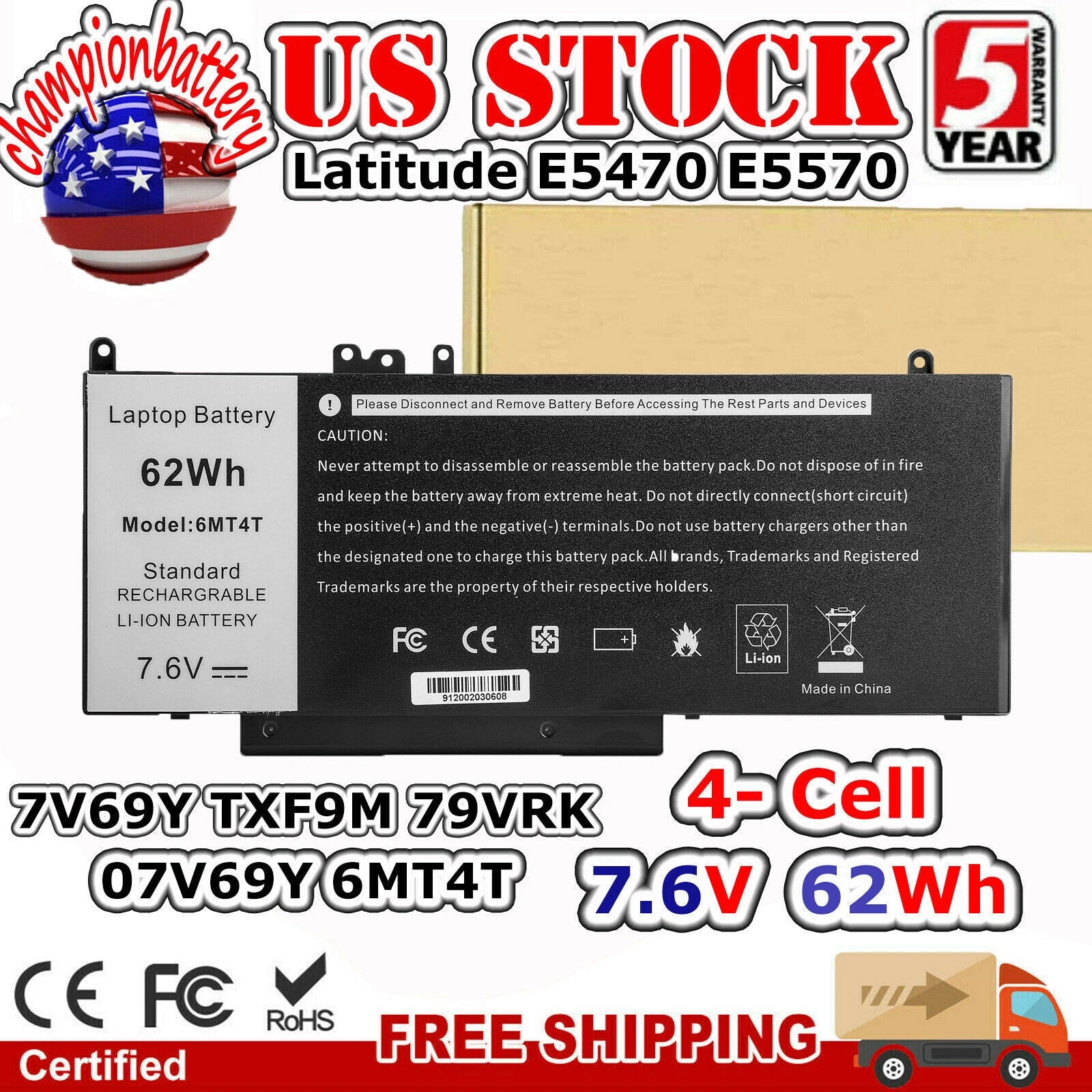 62Wh 6MT4T Battery for Dell Latitude E5470 E5570 Precision 3510 79VRK 7V69Y
