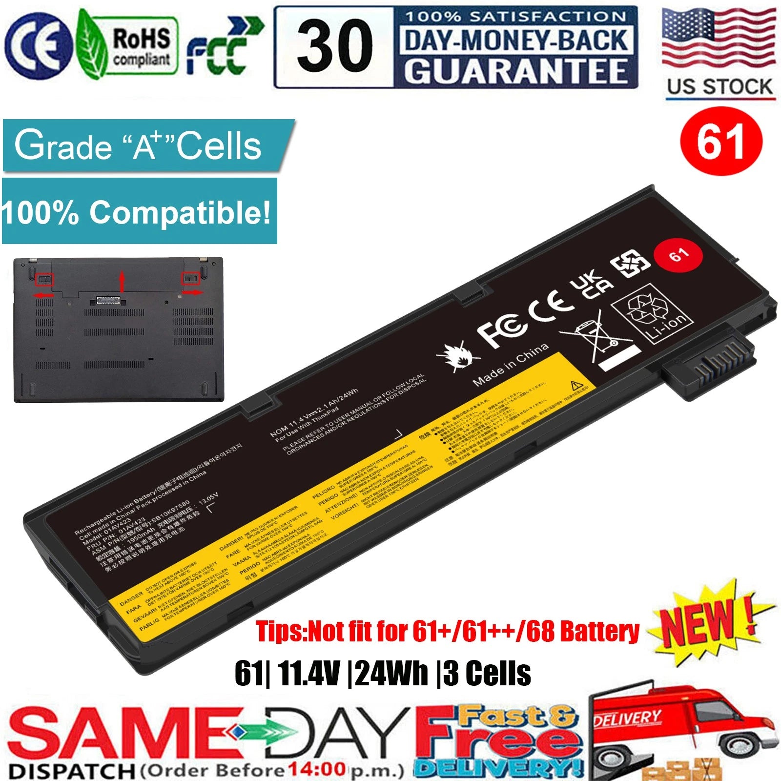 61 Battery for Lenovo ThinkPad T470 T480 T570 T580 P51s P52s 01AV492 01AV423