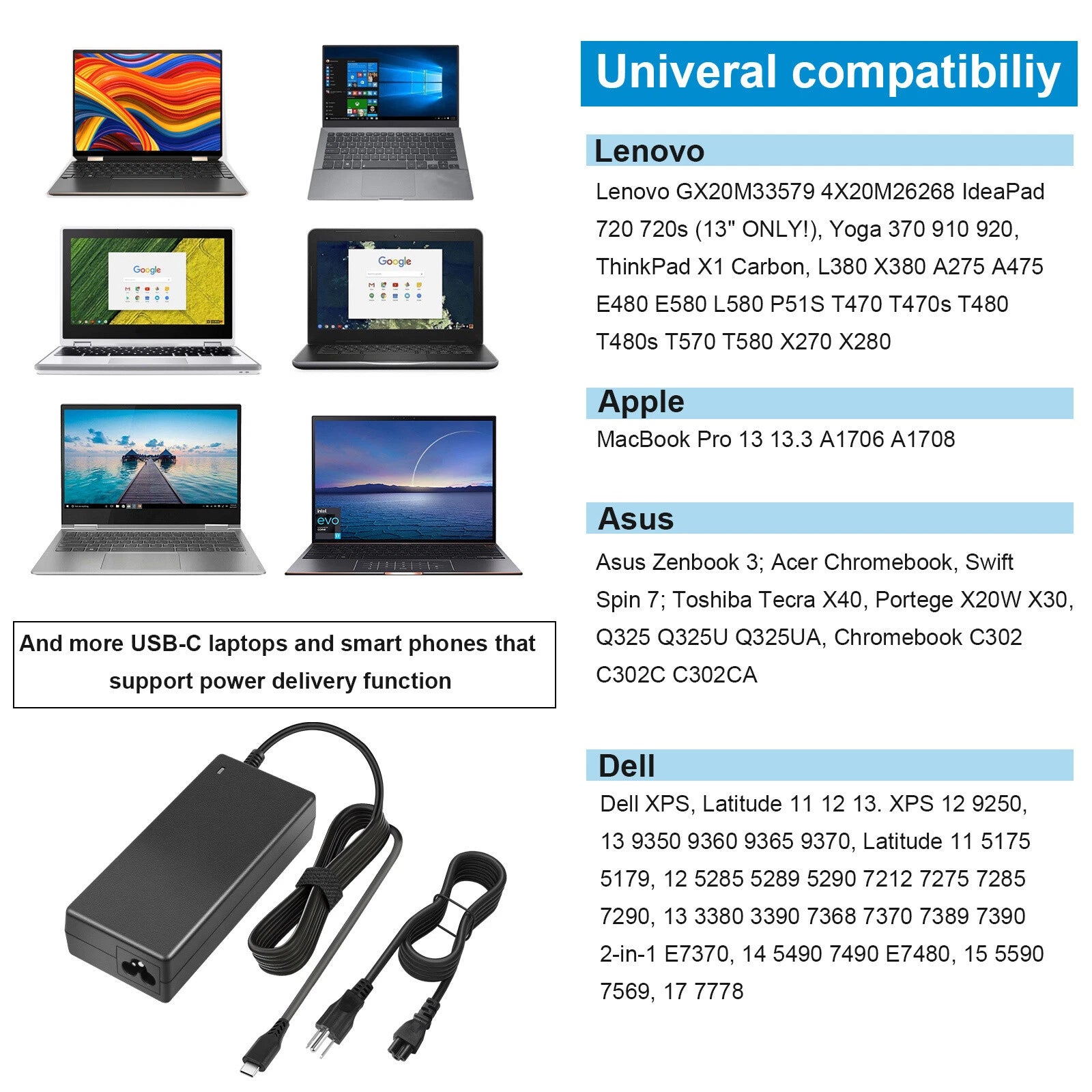 90W USB-C Type C Power Adapter Laptop Charger For Macbook HP Dell Samsung Lenovo