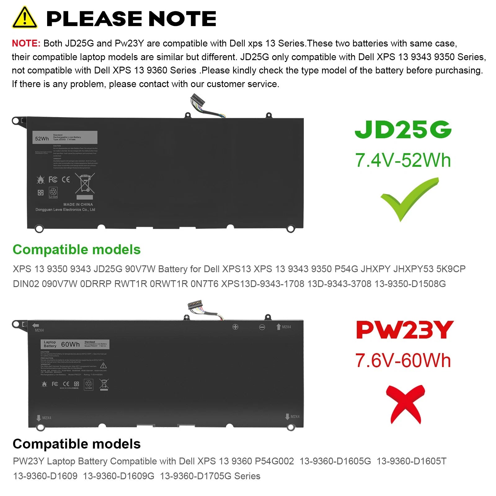 JD25G Battery For Dell XPS 13 9350 D1508 9343 5K9CP DIN02 JHXPY53 90V7W 52Wh
