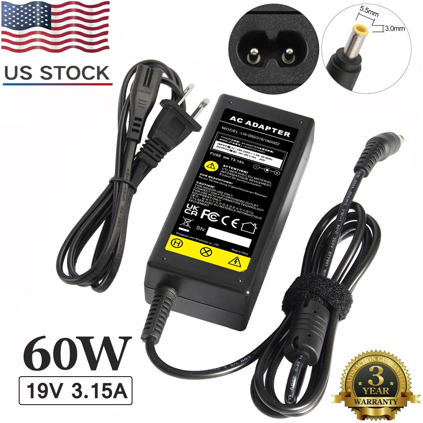 19V 3.15A 60W AC Power Laptop Charger Adapter For Samsung CPA09-004A AD-6019R