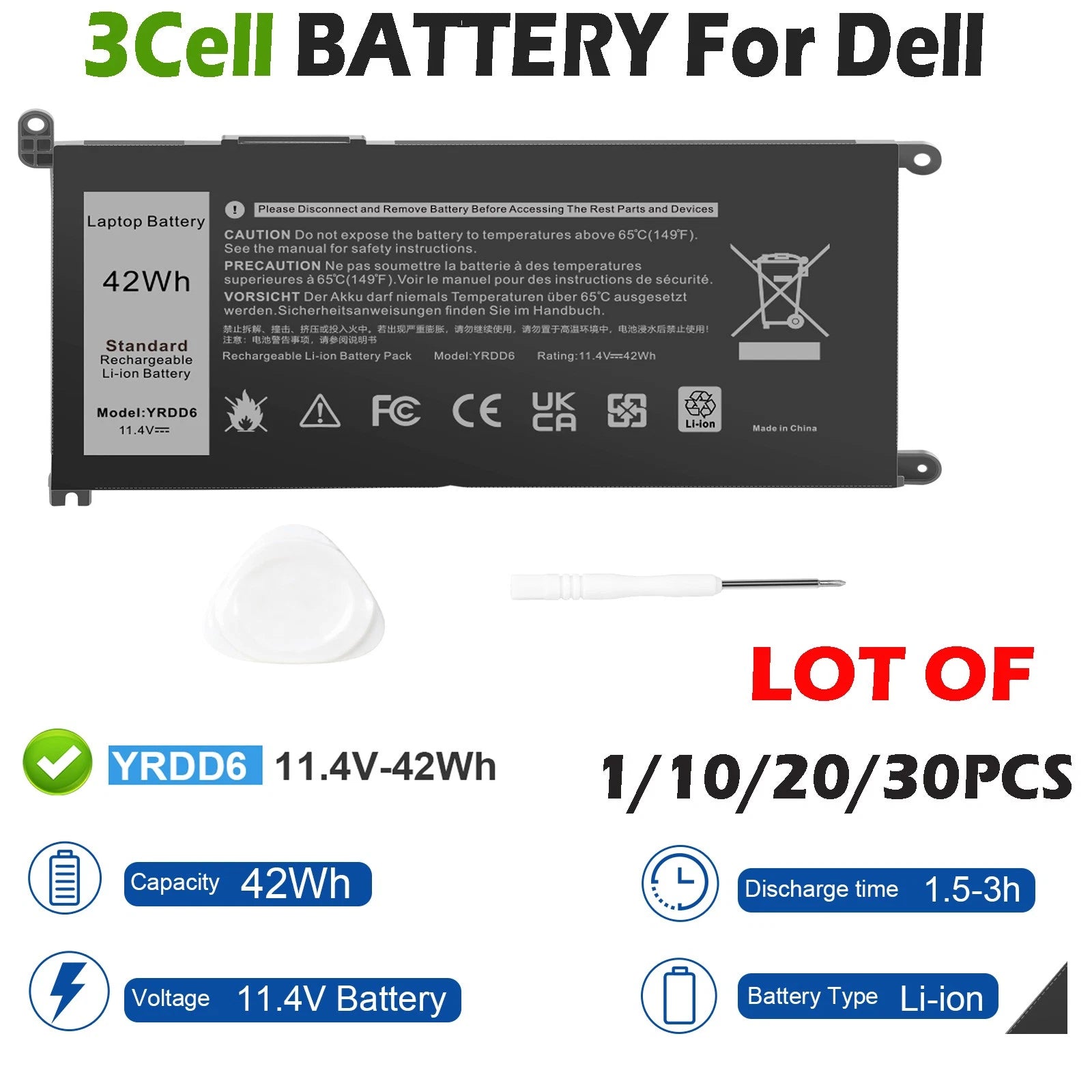 ?LOT 1-30x YRDD6 Battery For Dell Inspiron 14 15 Latitude 3310 2-in-1 1VX1H 42Wh