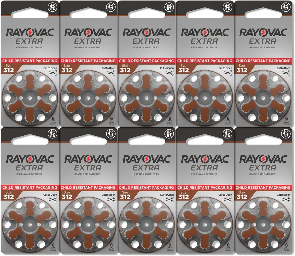 60 x Rayovac Extra 312 Size Hearing aid batteries Zinc air 10 Packs Used By 2029