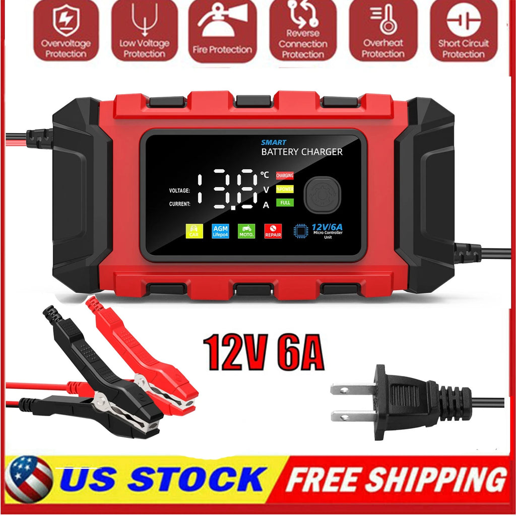12V 6A Car Battery Charger LiFePo4 Fast Charger Automatic Smart Pulse Repair AGM