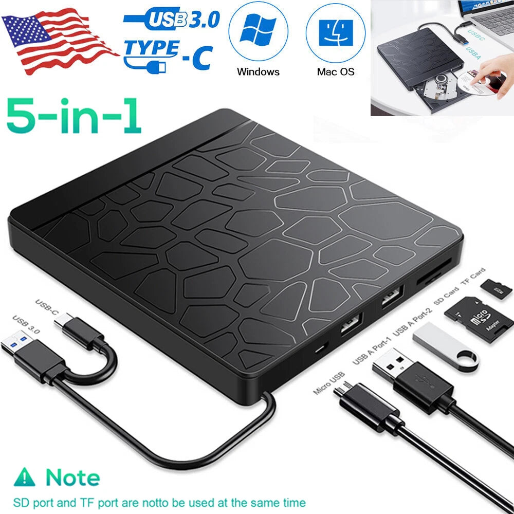 External USB 3.0 Optical Drive Type C Portable DVD CD Laptop Player WIN7/8/10