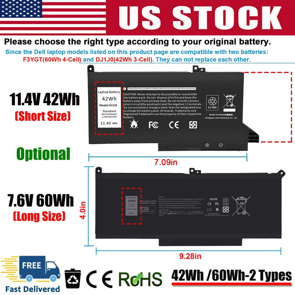 ?F3YGT Battery for DELL Latitude 12 13 14 7280 7380 7480 E7280 E7380 /DJ1J0 NEW