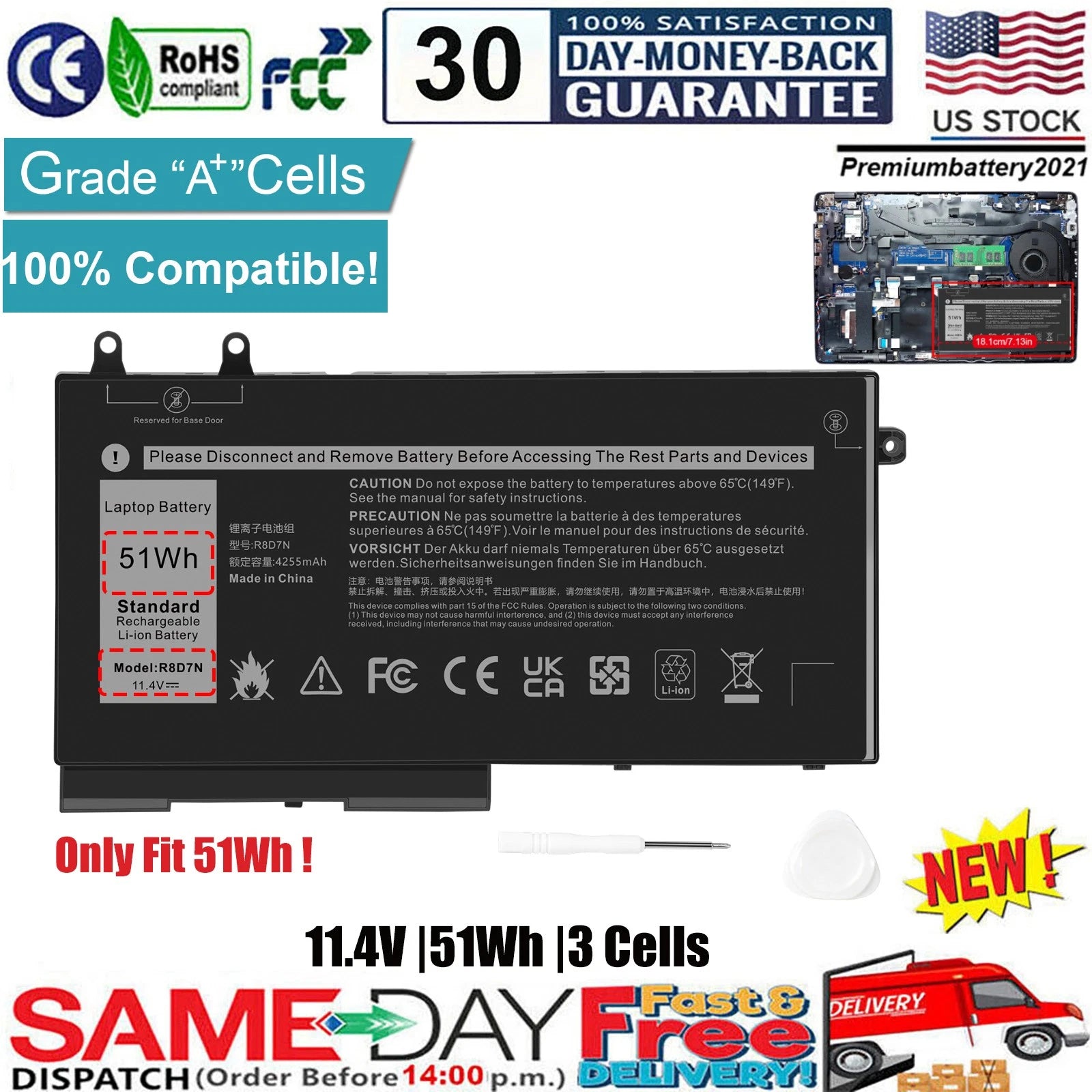 ?R8D7N Battery For Dell Precision 3540 3550 Latitude 5400 5500 5510 5410 51Wh US