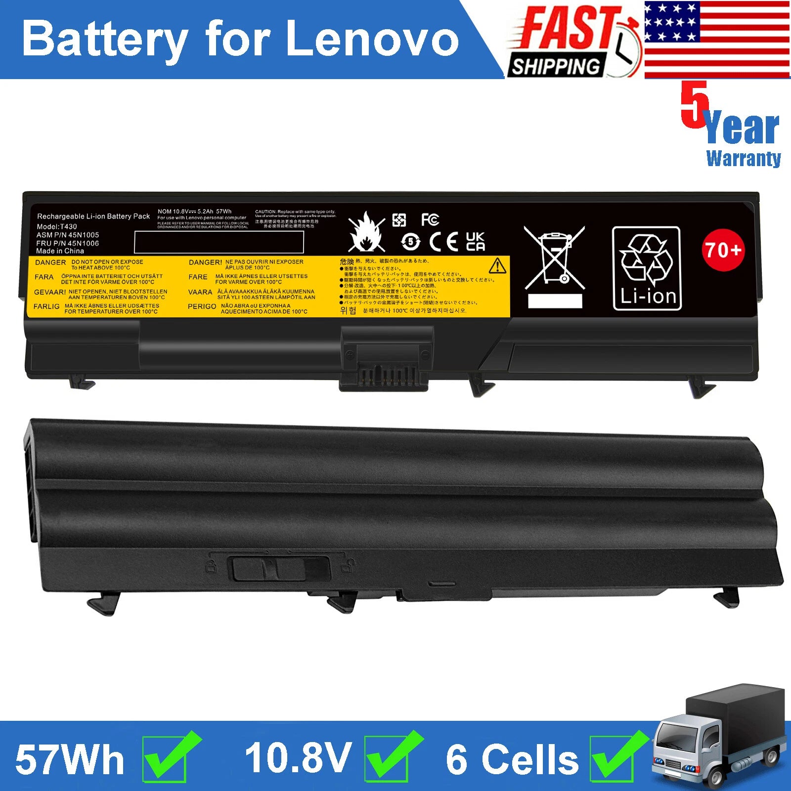 70+ Battery for Lenovo ThinkPad T430 T430I T530 W530 L530 L430 Laptop 5200mAh