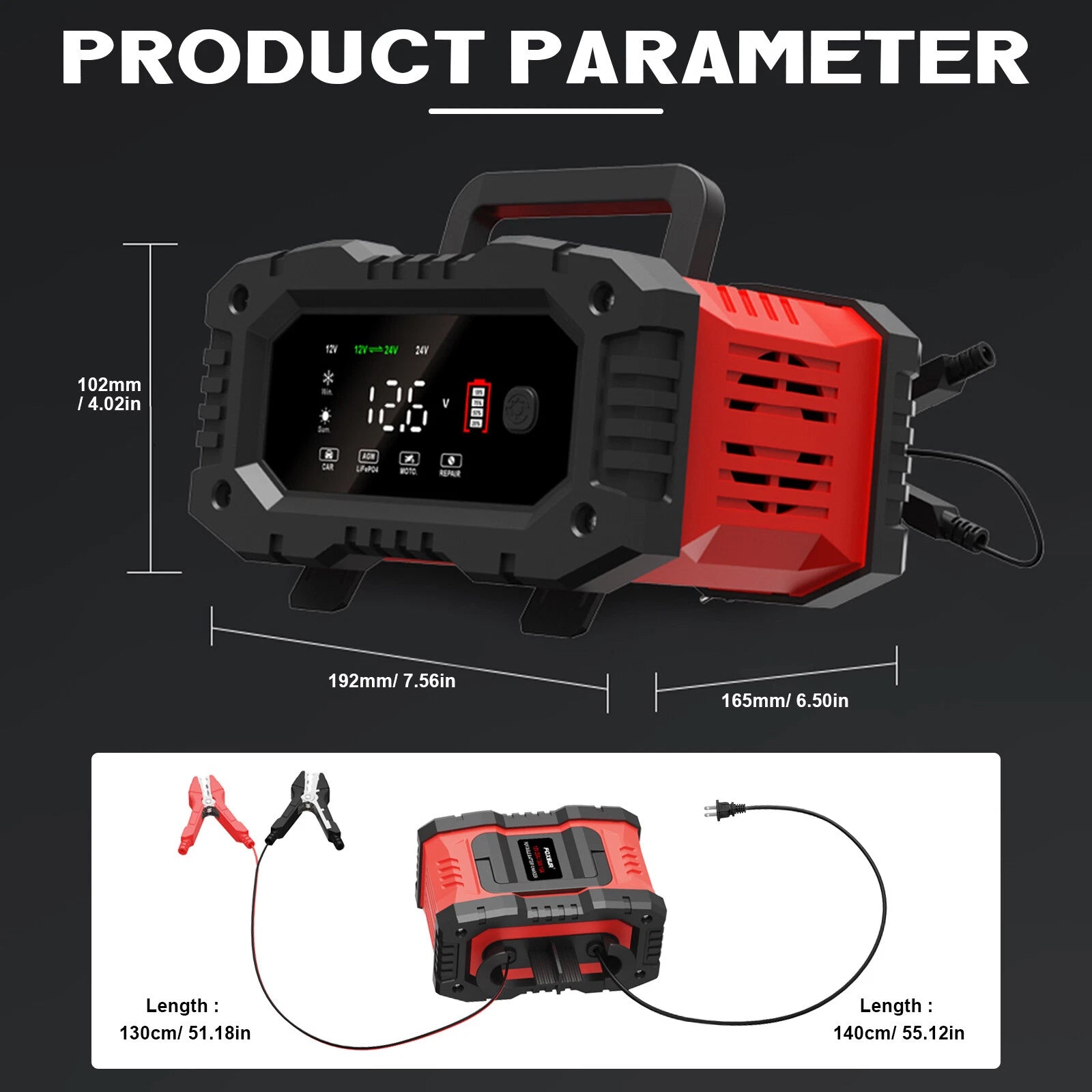20-Amp Smart Battery Charger 12V/24V 20A/10A Lithium Lifepo4 Lead-Acid GEL AGM