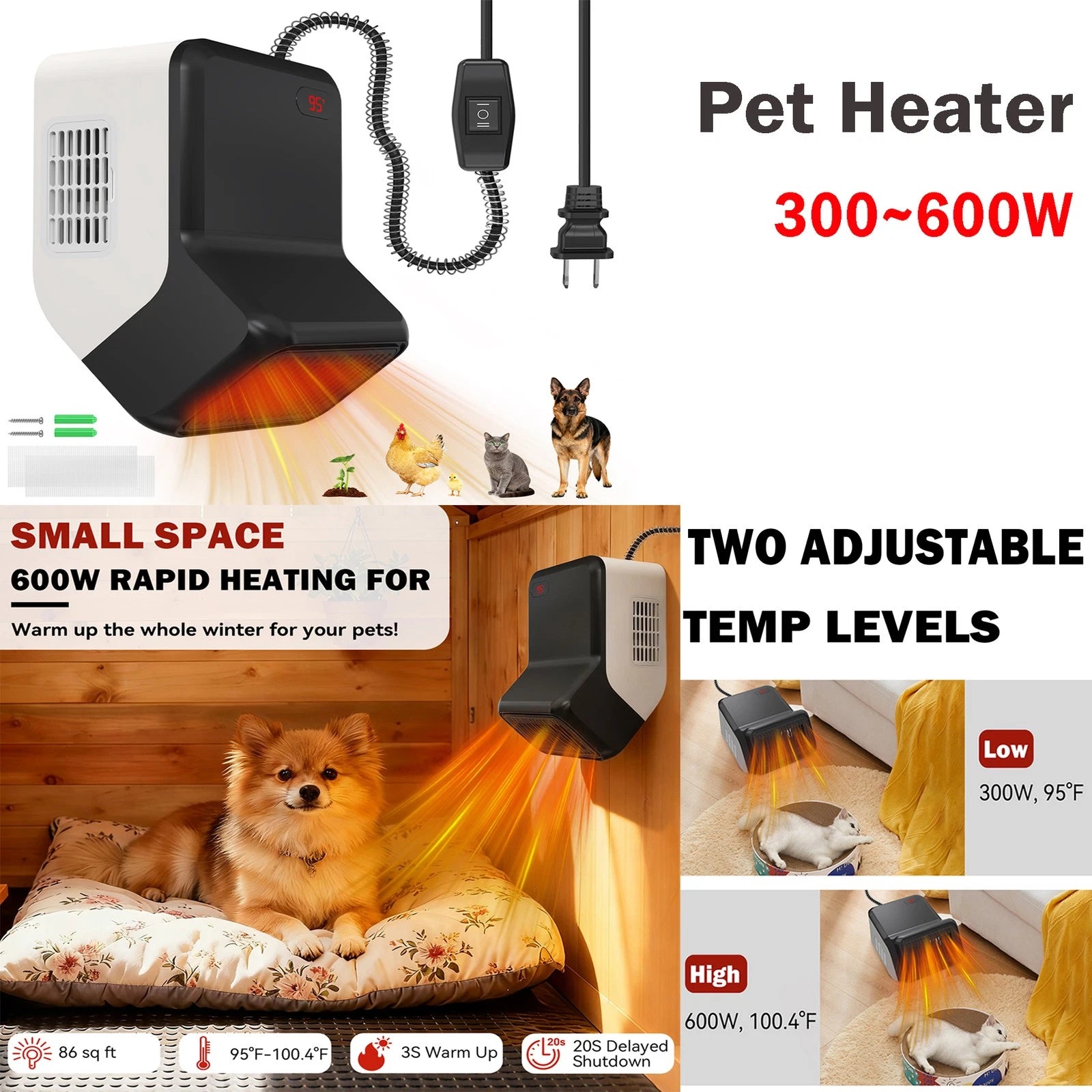 ??Pet Dog House Heater Outdoor with Thermostat,300~600W Pet House Heater 86sq ft