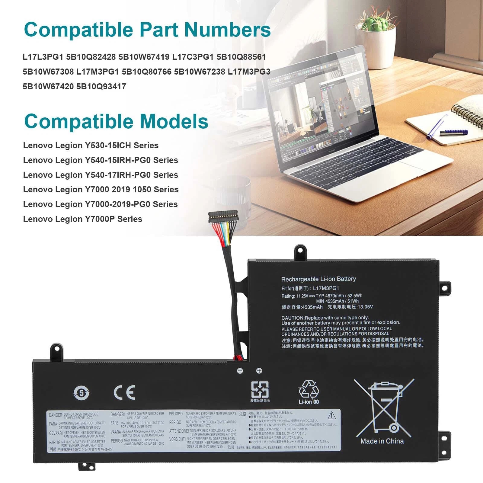 Battery for Lenovo Legion Y730 Y740-15ICH Y530 Y530-15ICH Y7000P L17C3PG1 57Wh