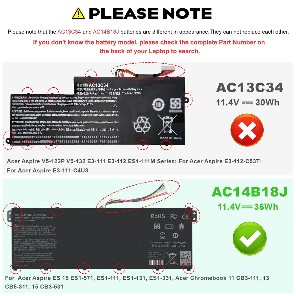 For Acer Aspire ES1-571 ES1-111 ES1-131 ES1-331 Battery AC14B18J AC14B13J 11.4V