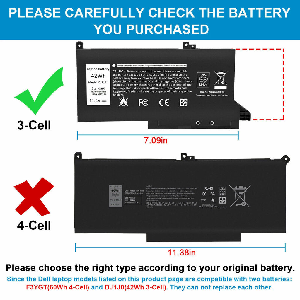 DJ1J0 Battery for Dell Latitude 12 7280 7290 13 7380 7390 14 7480 7490 42Wh NEW