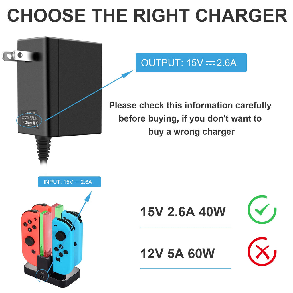 5/15V 2.6A USB C Charger For Nintendo Switch TV Dock Mode AC Power Adapter TypeC