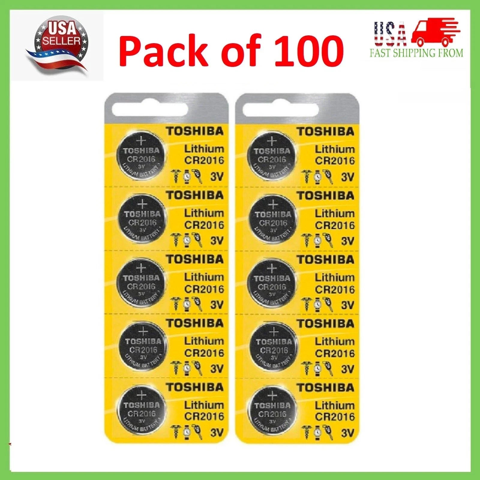 100 x New Original Toshiba CR2016 CR 2016 3V LITHIUM COIN BATTERY BR2016 DL2016