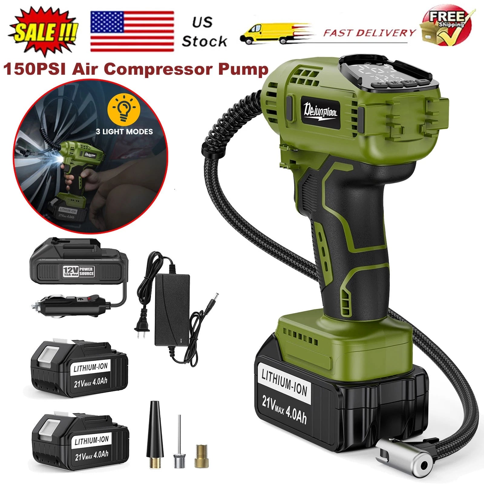 21V 150PSI Cordless Rechargeable Battery Air Compressor Pump Car Tire Inflator