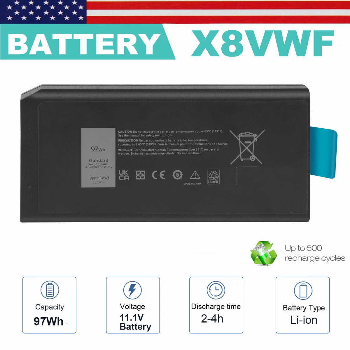 ?97Wh X8VWF Battery For Dell Latitude 14 Rugged 5404 5414 E5404 7404 7414 9 Cell
