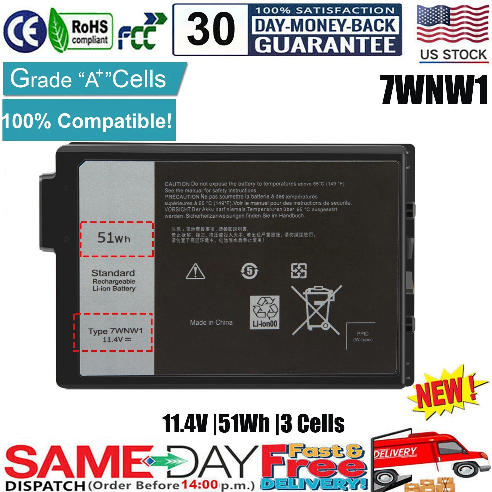 ?7WNW1 Battery For Dell Latitude 5420 5424 7424 Rugged Extreme GK3D3 DMF8C NEW