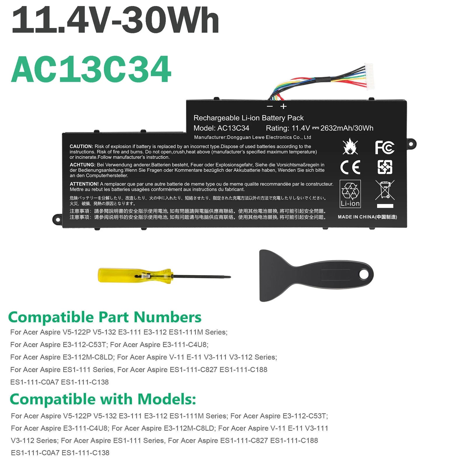 ??AC13C34 Battery For Acer Aspire V5-122P V5-132 E3-111 E3-112 3ICP5/60/80 30WH
