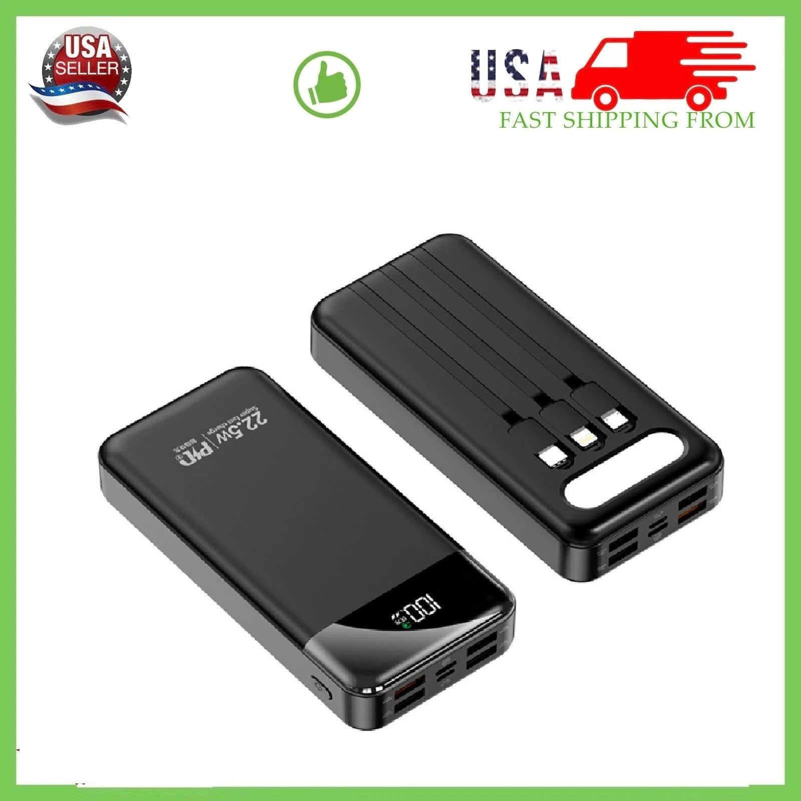 Portable Power Bank 20000mAh Fast Charging Battery with 3 Built in Cable BLK/WHT