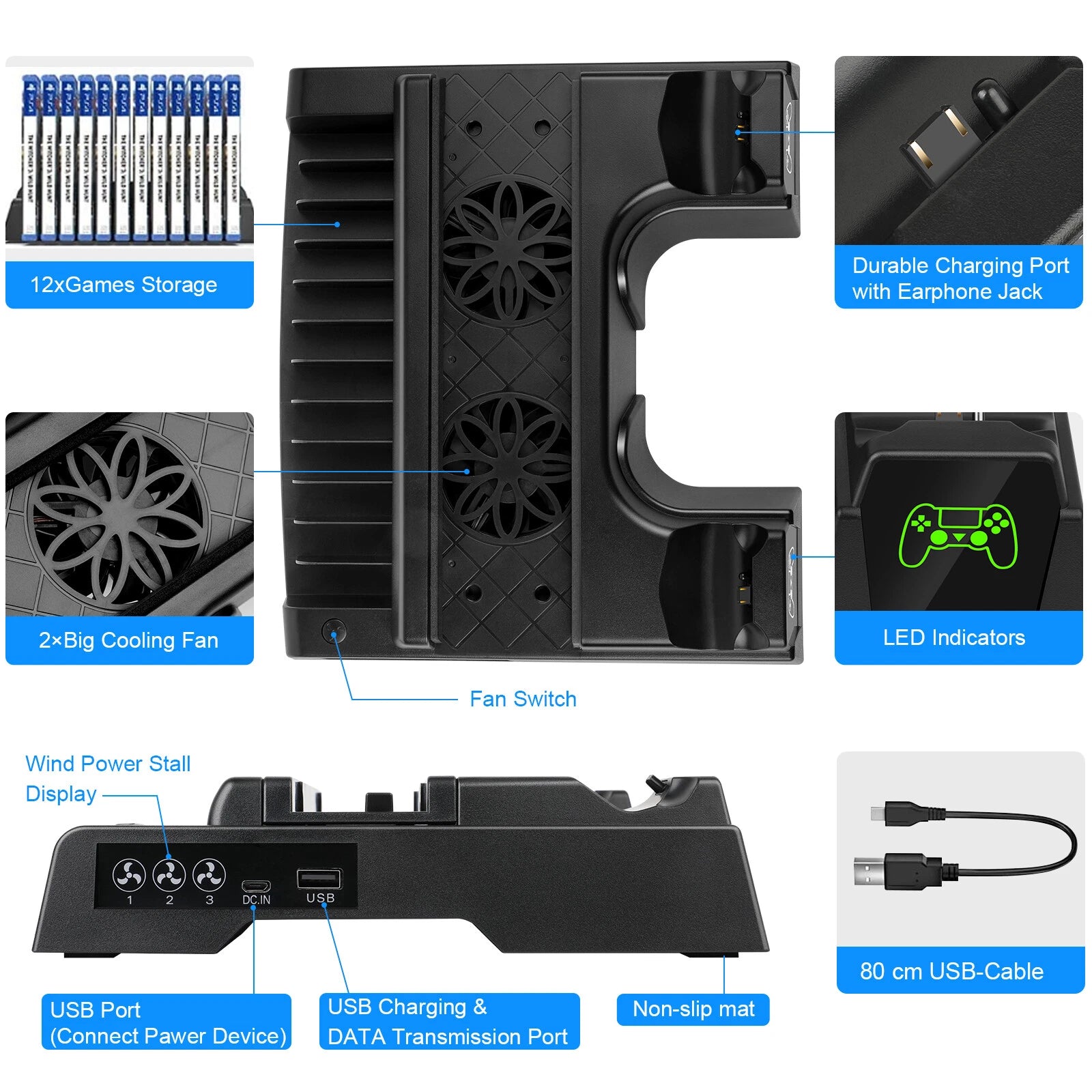 Stand Cooling Fan Controller Dual Charger Station Dock For PlayStation 4 PS4 US