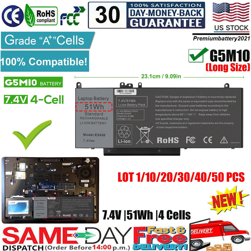 ?LOT 1-50 G5M10 Battery for Dell Latitude E5450 E5550 15.6 inch WYJC2 8V5GX 51Wh