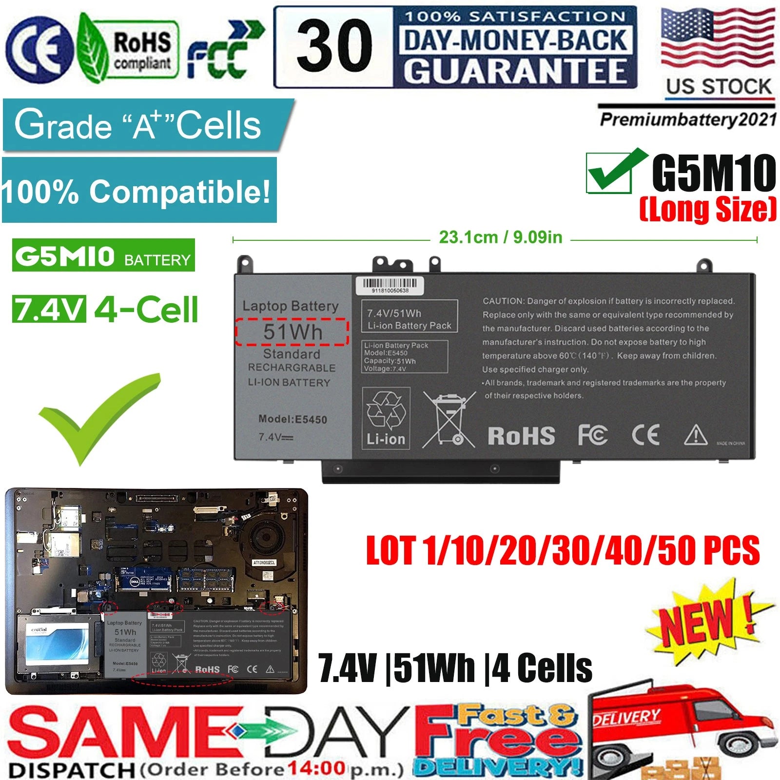 ?LOT 1-50 G5M10 Battery for Dell Latitude E5450 E5550 15.6 inch WYJC2 8V5GX 51Wh