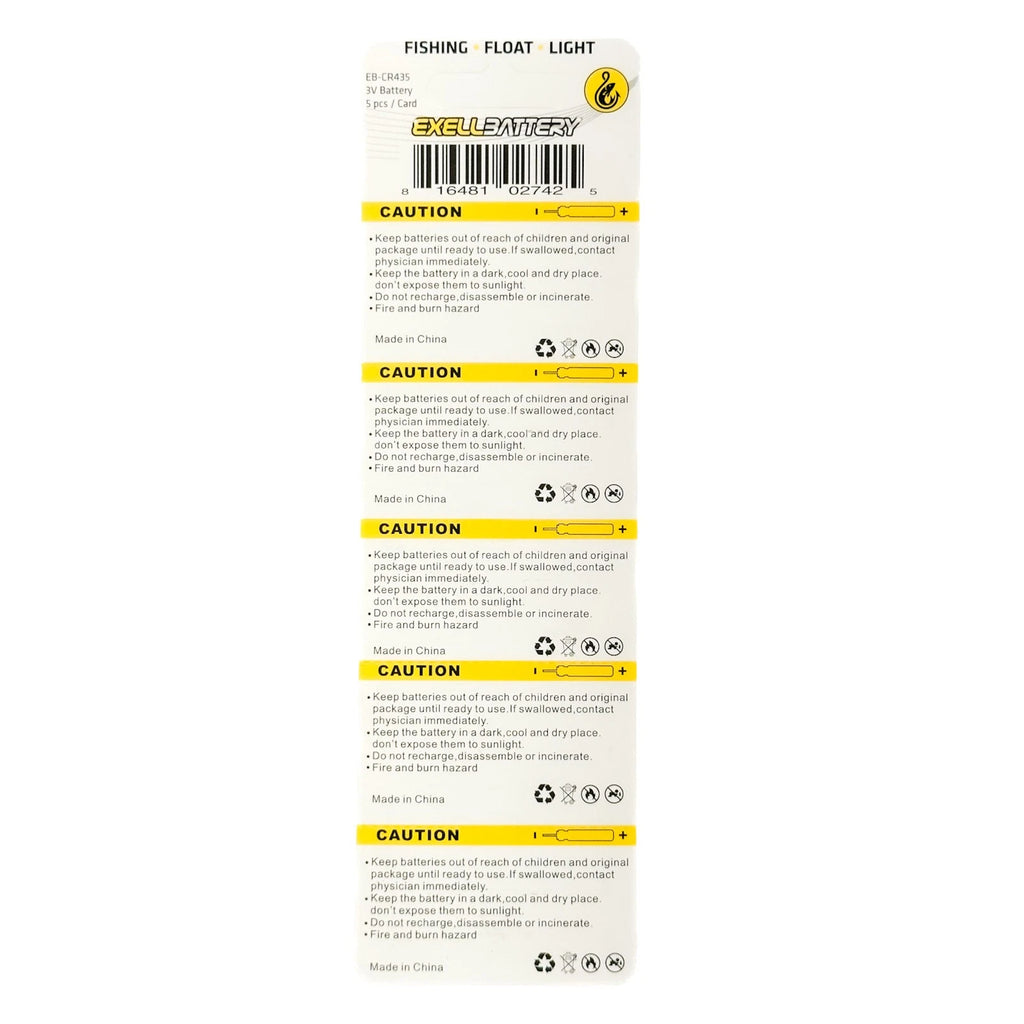 5-PK Exell 3V 50mAh CR435 Fishing Lure Shape Lithium Battery