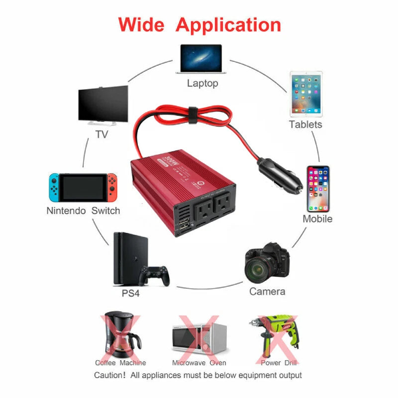 Charger Car Power Inverter DC 12V To AC 110V Converter 500W Watt to 1000W Outlet