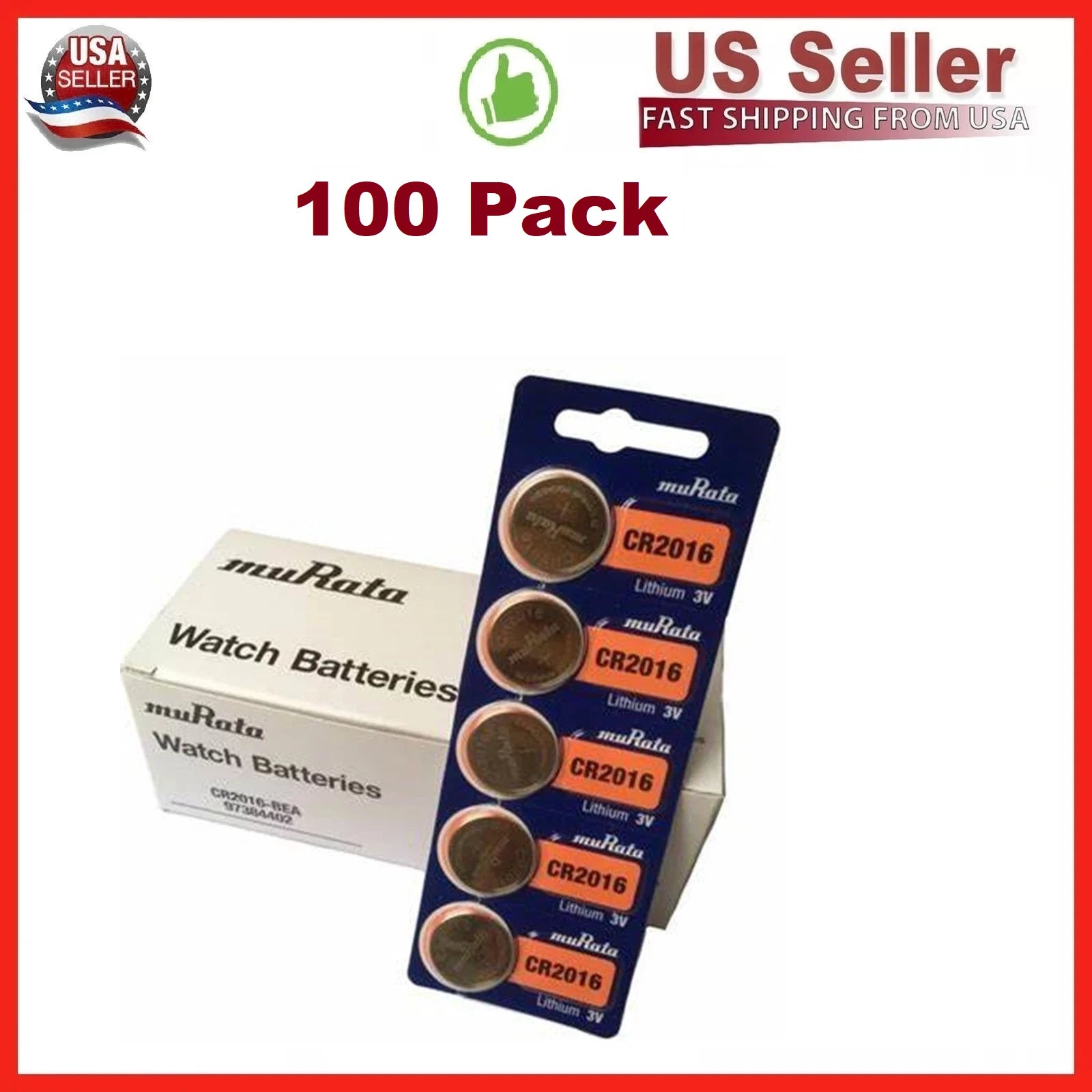 Box of 100 Murata CR2016 Battery 3V Lithium Coin Cell- Replaces Sony CR2016*