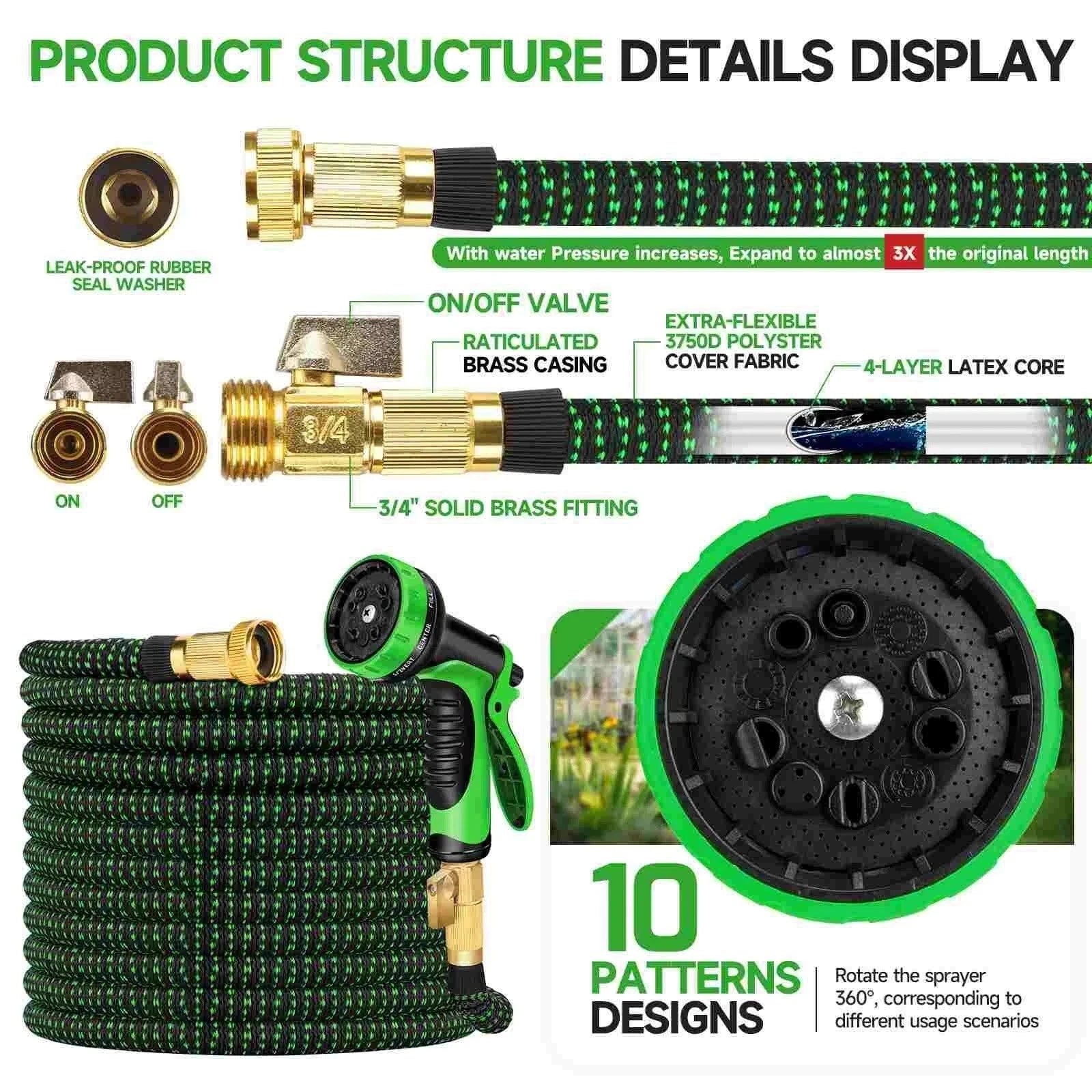 50FT 100FT Expandable Garden Water Hose Pipe w/ Spray Nozzle Flexible 3X Expand