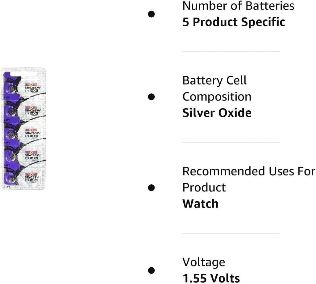 Maxell 377 Silver Oxide Watch Batteries (5 Batteries) Hologram Pack