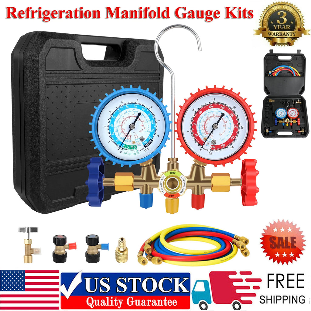 AC Manifold Gauge Set 3-Way Fit R134A R22 R12 R502 Refrigeration Charging Kits