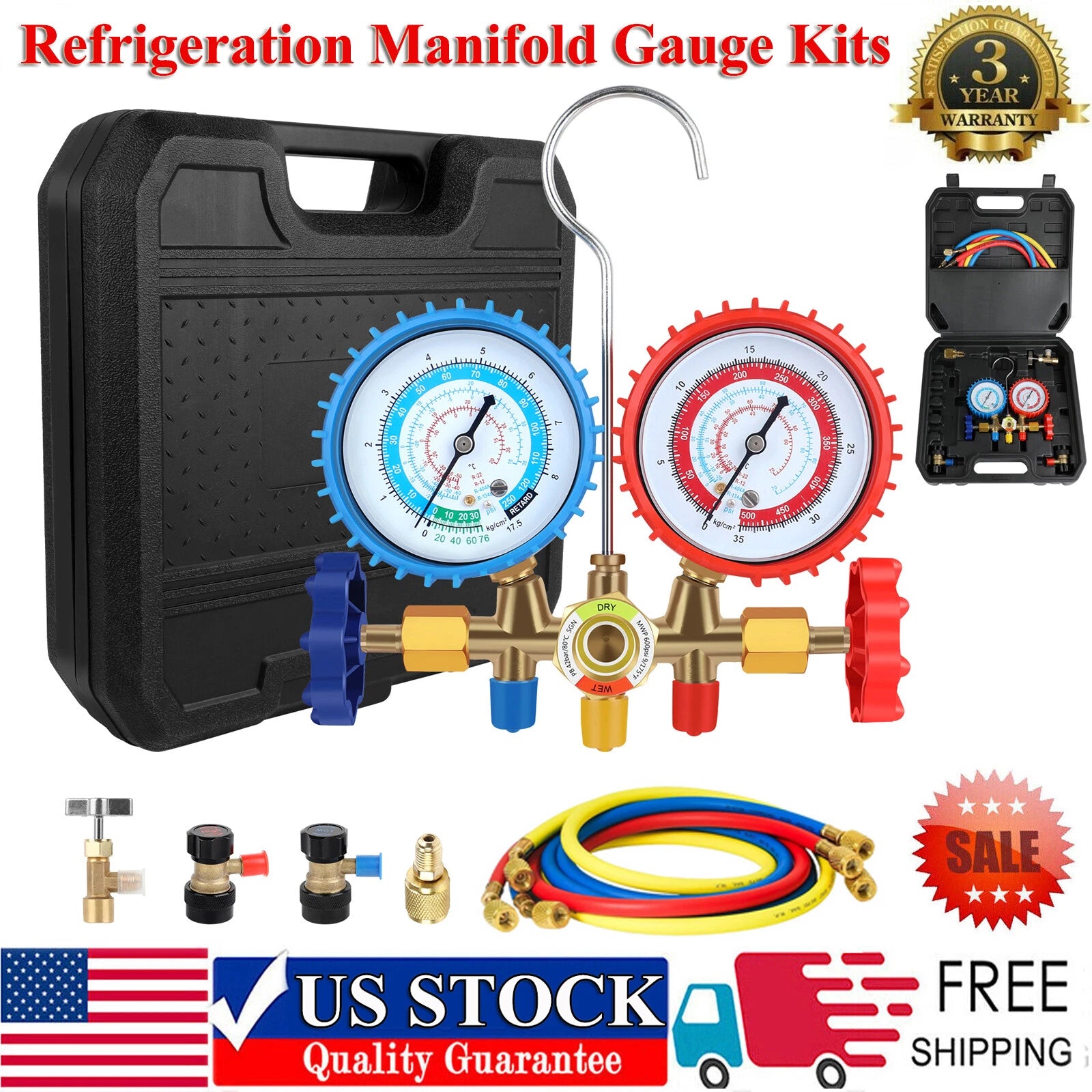 AC Manifold Gauge Set 3-Way Fit R134A R22 R12 R502 Refrigeration Charging Kits