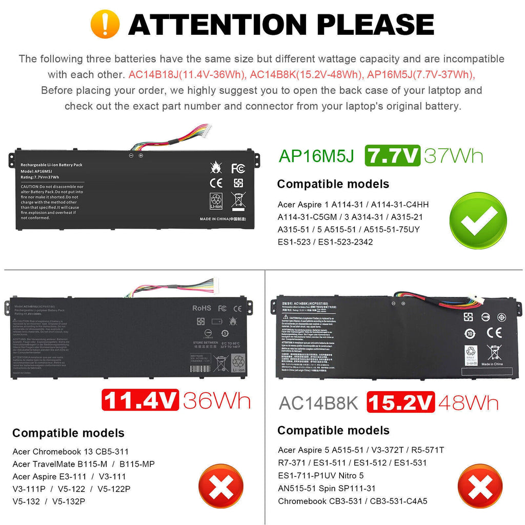 Battery AP16M5J For Acer Aspire 3 A314-31 A315-21 5 A315-51 ES1-523 Series 37Wh