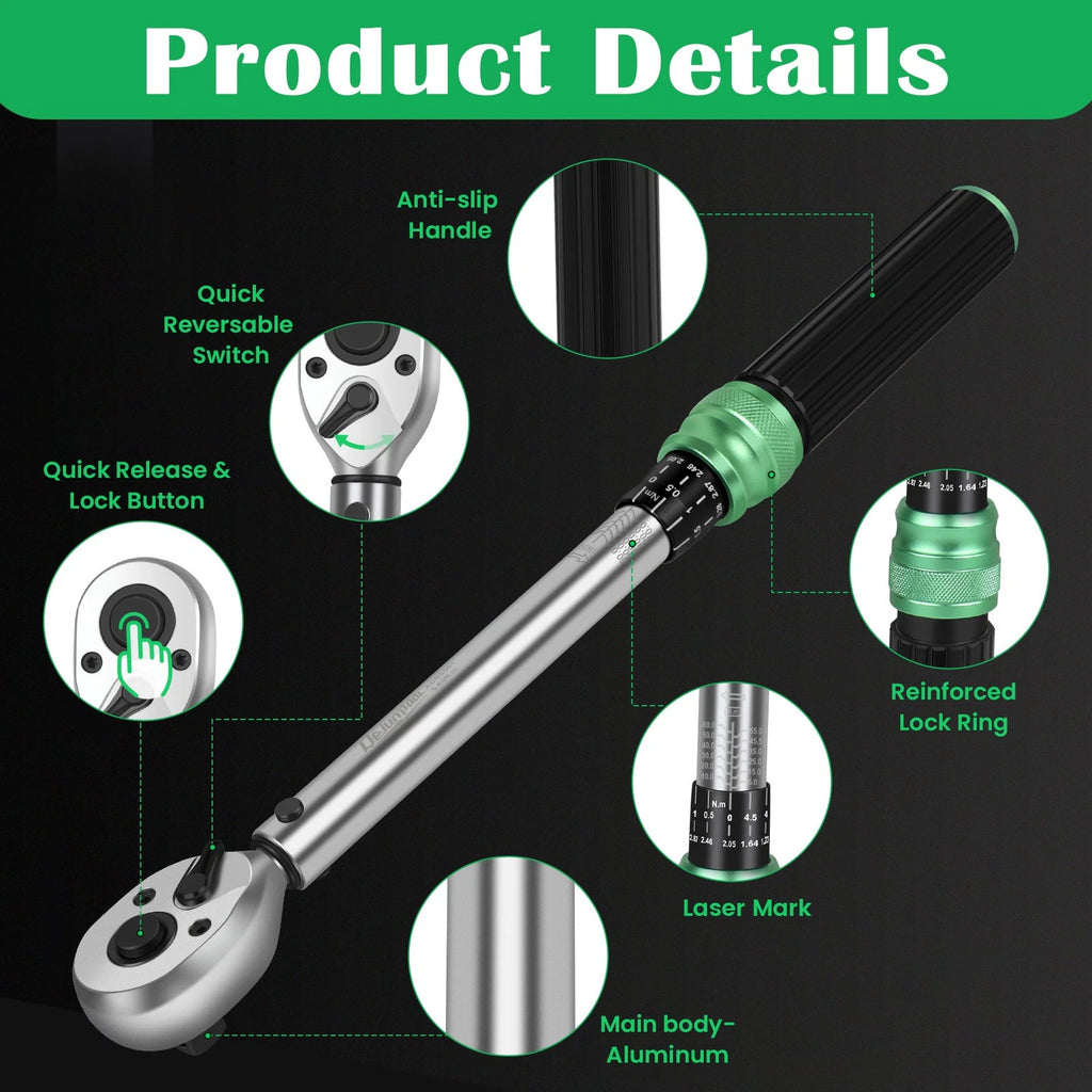?3/8'' Drive 5-60N.m Torque Wrench Adjustable Spanner w/Extension Rod 2026 NEW